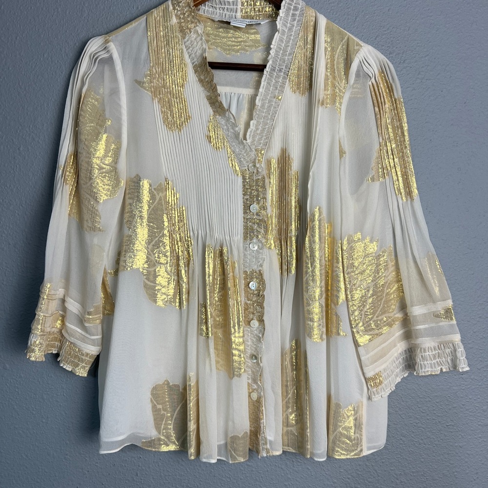 Diane von Furstenberg DVF Layla Silk Pleated Blouse Gold Leaf Brocade Top Size 4